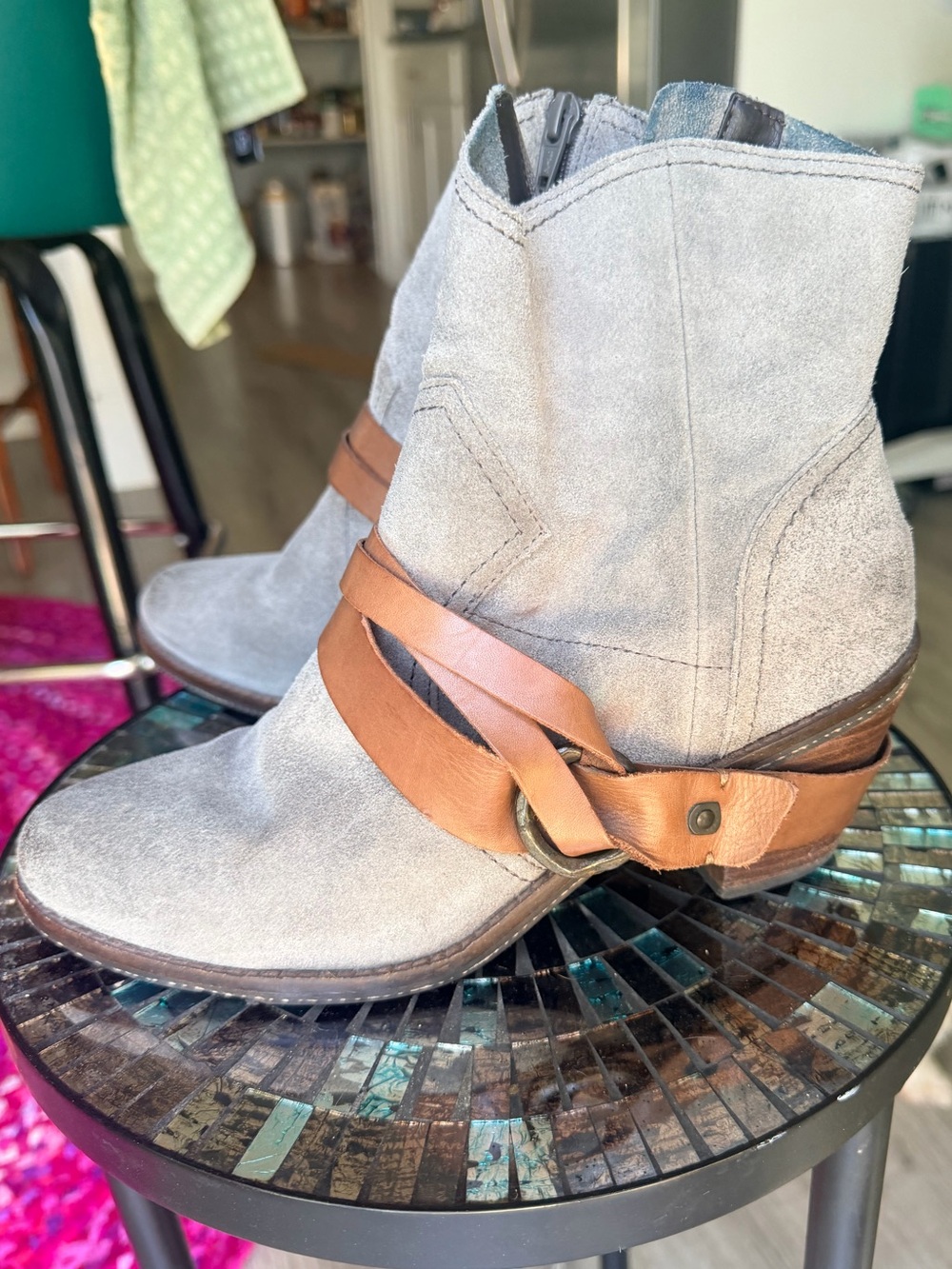 OTBT Gray Suede Ankle Boots with Brown Leather Strap